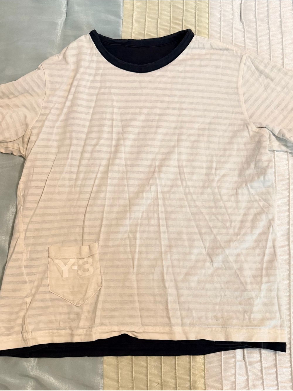 Y-3 White Striped Short-Sleeve Tee with Black Crew Neck
